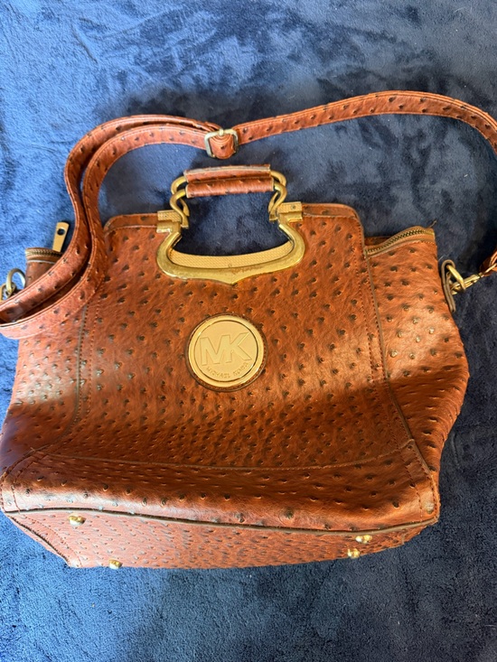 Michael Kors Handbags - Michael Kors Cognac Ostrich-Embossed Leather Satchel with Gold Hardware
